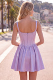 Green A Line Square Neck Corset Satin Homecoming Dress