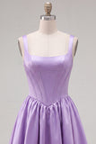 Green A Line Square Neck Corset Satin Homecoming Dress