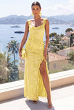 Yellow Ruffled Floral Lace Maxi Dress with Slit