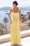 Yellow Ruffled Floral Lace Maxi Dress with Slit