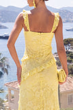 Yellow Ruffled Floral Lace Maxi Dress with Slit