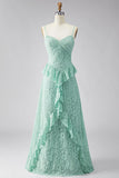 Mint A Line Spaghetti Straps Ruffled Lace Maxi Dress