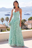 Mint A Line Spaghetti Straps Ruffled Lace Maxi Dress