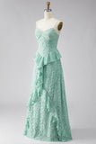 Mint A Line Spaghetti Straps Ruffled Lace Maxi Dress