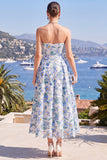 Strapless A Line Blue Floral Wedding Guest Dress