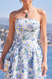 Strapless A Line Blue Floral Wedding Guest Dress