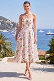 Strapless A Line Blue Floral Wedding Guest Dress
