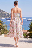 Strapless A Line Blue Floral Wedding Guest Dress