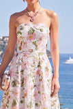 Strapless A Line Blue Floral Wedding Guest Dress