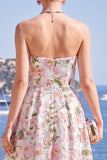 Strapless A Line Blue Floral Wedding Guest Dress