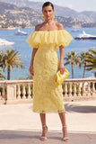 Off the Shoulder Ruffled Yellow Midi Wedding Guest Dress