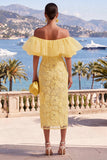 Off the Shoulder Ruffled Yellow Midi Wedding Guest Dress