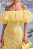 Off the Shoulder Ruffled Yellow Midi Wedding Guest Dress