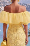 Off the Shoulder Ruffled Yellow Midi Wedding Guest Dress