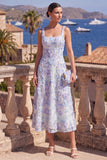 Yellow A-Line Beaded Floral Midi Wedding Guest Dress with Lace Up Back