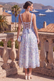 Yellow A-Line Beaded Floral Midi Wedding Guest Dress with Lace Up Back