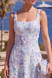 Yellow A-Line Beaded Floral Midi Wedding Guest Dress with Lace Up Back