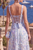 Yellow A-Line Beaded Floral Midi Wedding Guest Dress with Lace Up Back