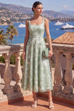 Yellow A-Line Beaded Floral Midi Wedding Guest Dress with Lace Up Back