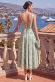 Yellow A-Line Beaded Floral Midi Wedding Guest Dress with Lace Up Back