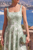 Yellow A-Line Beaded Floral Midi Wedding Guest Dress with Lace Up Back