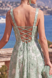 Yellow A-Line Beaded Floral Midi Wedding Guest Dress with Lace Up Back