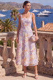 Yellow A-Line Beaded Floral Midi Wedding Guest Dress with Lace Up Back