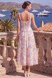 Yellow A-Line Beaded Floral Midi Wedding Guest Dress with Lace Up Back