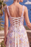 Yellow A-Line Beaded Floral Midi Wedding Guest Dress with Lace Up Back