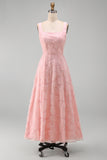 Yellow A-Line Beaded Floral Midi Wedding Guest Dress with Lace Up Back