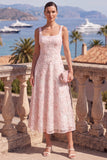 Yellow A-Line Beaded Floral Midi Wedding Guest Dress with Lace Up Back