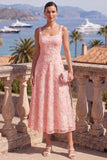 Yellow A-Line Beaded Floral Midi Wedding Guest Dress with Lace Up Back