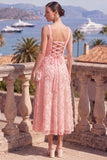 Yellow A-Line Beaded Floral Midi Wedding Guest Dress with Lace Up Back