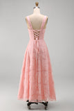 Yellow A-Line Beaded Floral Midi Wedding Guest Dress with Lace Up Back