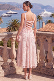Yellow A-Line Beaded Floral Midi Wedding Guest Dress with Lace Up Back