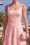 Yellow A-Line Beaded Floral Midi Wedding Guest Dress with Lace Up Back