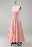 Yellow A-Line Beaded Floral Midi Wedding Guest Dress with Lace Up Back