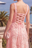 Yellow A-Line Beaded Floral Midi Wedding Guest Dress with Lace Up Back