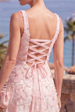 Yellow A-Line Beaded Floral Midi Wedding Guest Dress with Lace Up Back