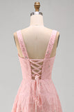 Yellow A-Line Beaded Floral Midi Wedding Guest Dress with Lace Up Back