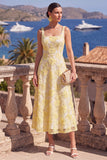 Yellow A-Line Beaded Floral Midi Wedding Guest Dress with Lace Up Back