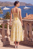 Yellow A-Line Beaded Floral Midi Wedding Guest Dress with Lace Up Back