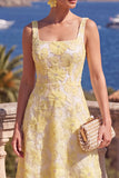 Yellow A-Line Beaded Floral Midi Wedding Guest Dress with Lace Up Back