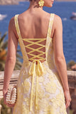 Yellow A-Line Beaded Floral Midi Wedding Guest Dress with Lace Up Back