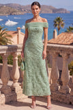 Sage Green Off the Shoulder Floral Midi Wedding Guest Dress with Beading