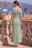 Sage Green Off the Shoulder Floral Midi Wedding Guest Dress with Beading
