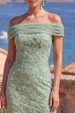 Sage Green Off the Shoulder Floral Midi Wedding Guest Dress with Beading