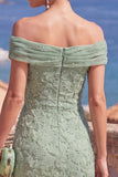 Sage Green Off the Shoulder Floral Midi Wedding Guest Dress with Beading