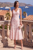 Pink A-Line V-Neck Floral Midi Wedding Guest Dress with Beading
