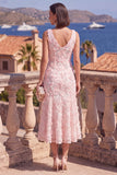 Pink A-Line V-Neck Floral Midi Wedding Guest Dress with Beading